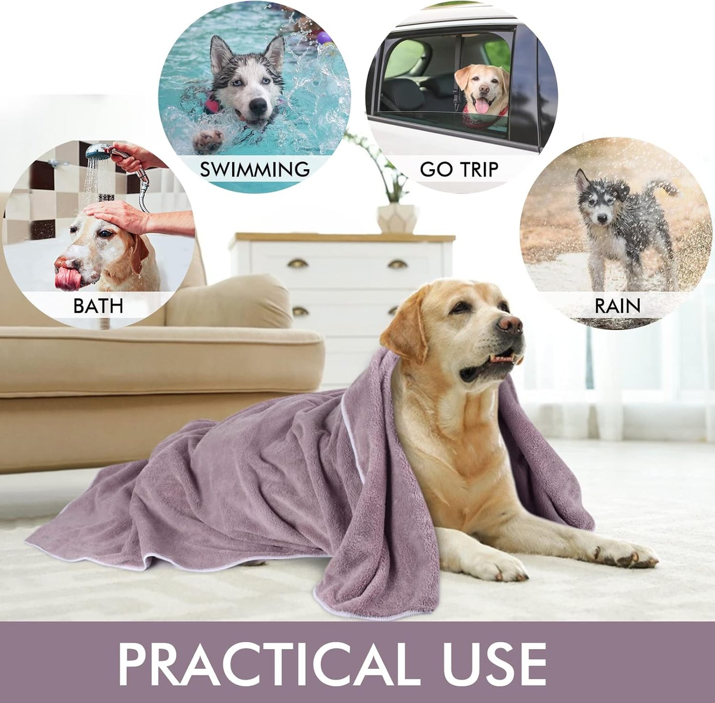 Dog Towel Super Absorbent Pet Bath Towel Microfiber Dog Drying Towel for Small, Medium, Large Dogs and Cats 30Inch X 50Inch Purple