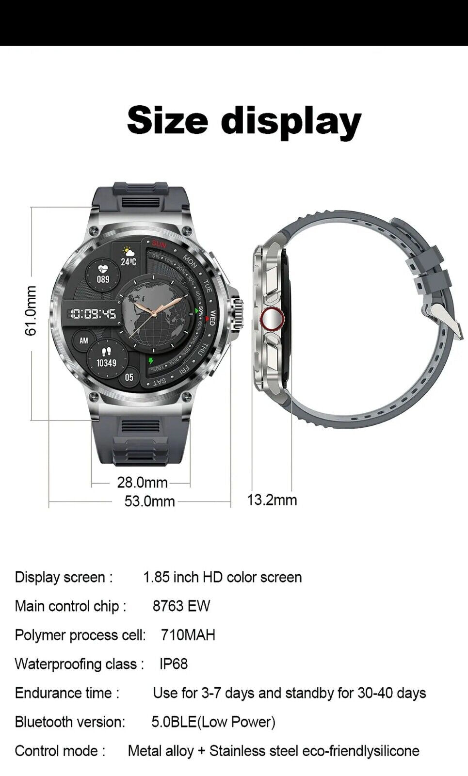 1.85" Ultra HD Smartwatch GPS Bluetooth Call Health Monitoring Watch Gym Gift